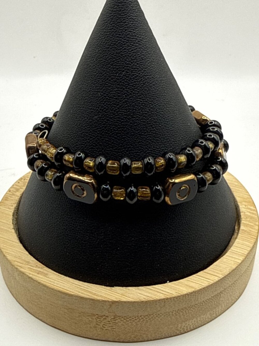 Boho Black Bronze Tone Beaded Wrap Bracelet Stacked Square Spacer Cuff Bangle
